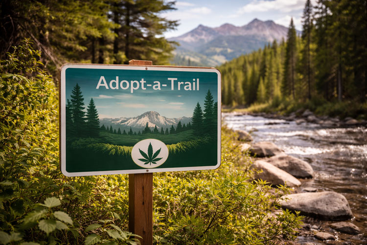image of an adopt a trail sign in the wilderness with a cannabis logo at the bottom