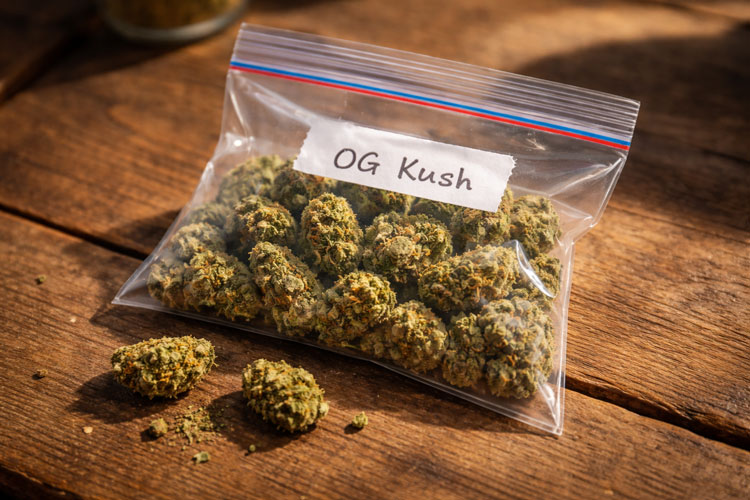 ziplock baggie with marijuana buds in it and a label in sharpie reading: OG Kush